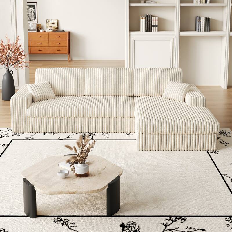 Corduroy Sleeper Sofa Bed L-shaped Sectional Sofa with Chaise, Living Room 2-in-1 Convertible Couch with Detachable Neck Pillows - Beige