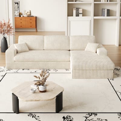 Roomfitters 114.5" Stylish Corduroy Modular Recliner Sofa, Convertible L-Shaped Couch with Neck Pillows & Throw Pillows