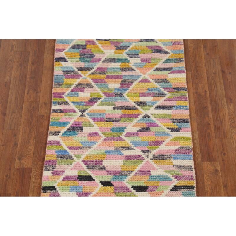 Trellis Striped Moroccan Oriental Runner Rug Handmade Wool Carpet - 2'4"x 12'9"