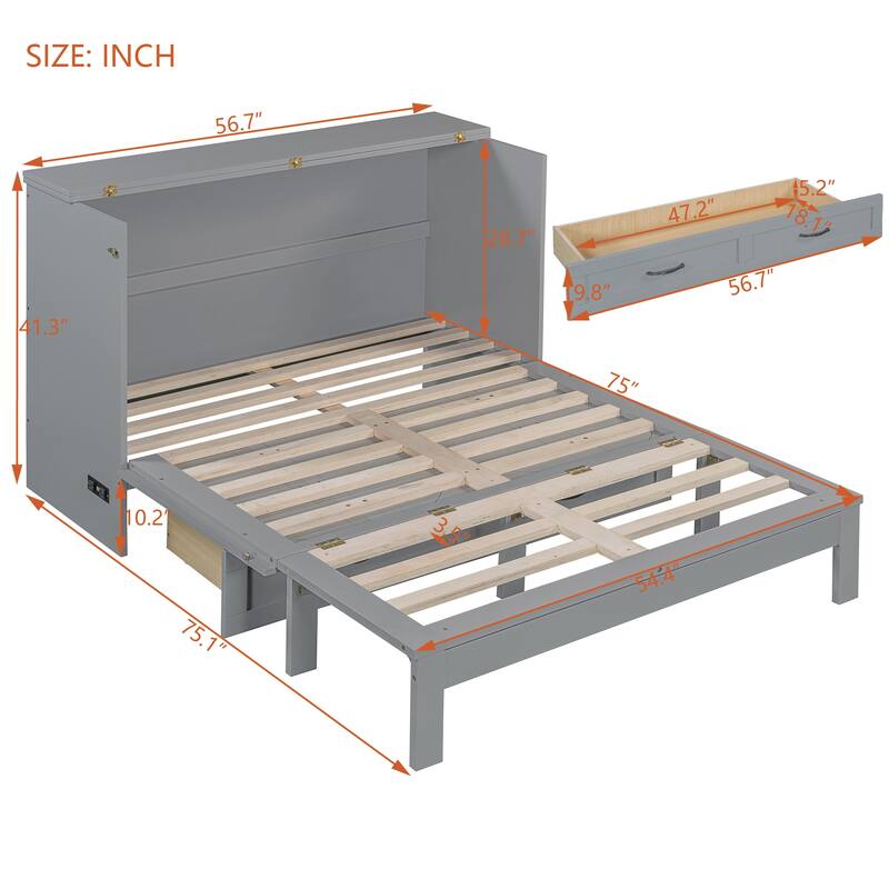 Full Size Murphy Bed Cabinet with Charging Station & A Large Drawer, Foldable Pull Out Wall Bed for Apartments, Bedrooms, Studio