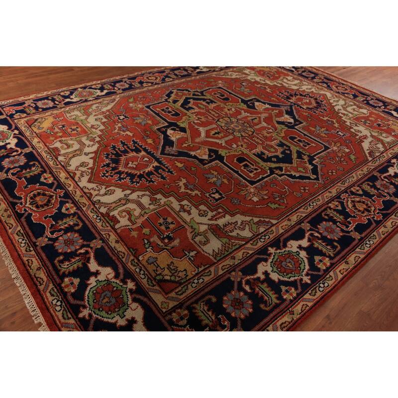 Orange Medallion Heriz Serapi Indian Area Rug Handmade Wool Carpet - 9'0"x 11'11"