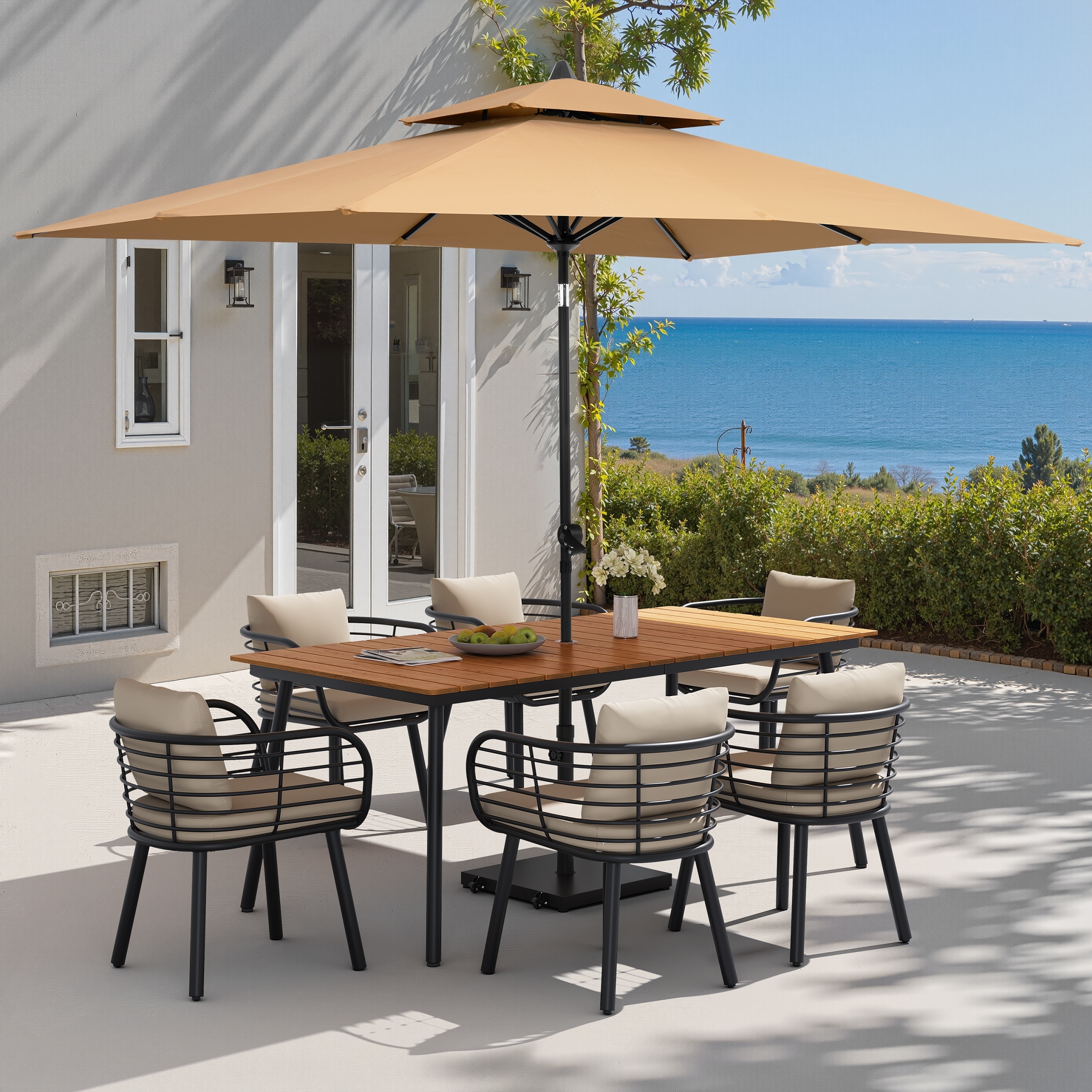 9PC Outdoor Patio Dining Set Aluminum Table with Sunbrella Cushion Chairs w/ Premium Market Umbrella Sets
