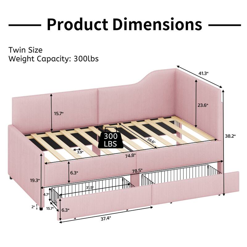 Pink Twin L-Shaped Upholstered Daybed with Corduroy Fabric and 2 Storage Drawers, Space-Saving Platform Bed Frame