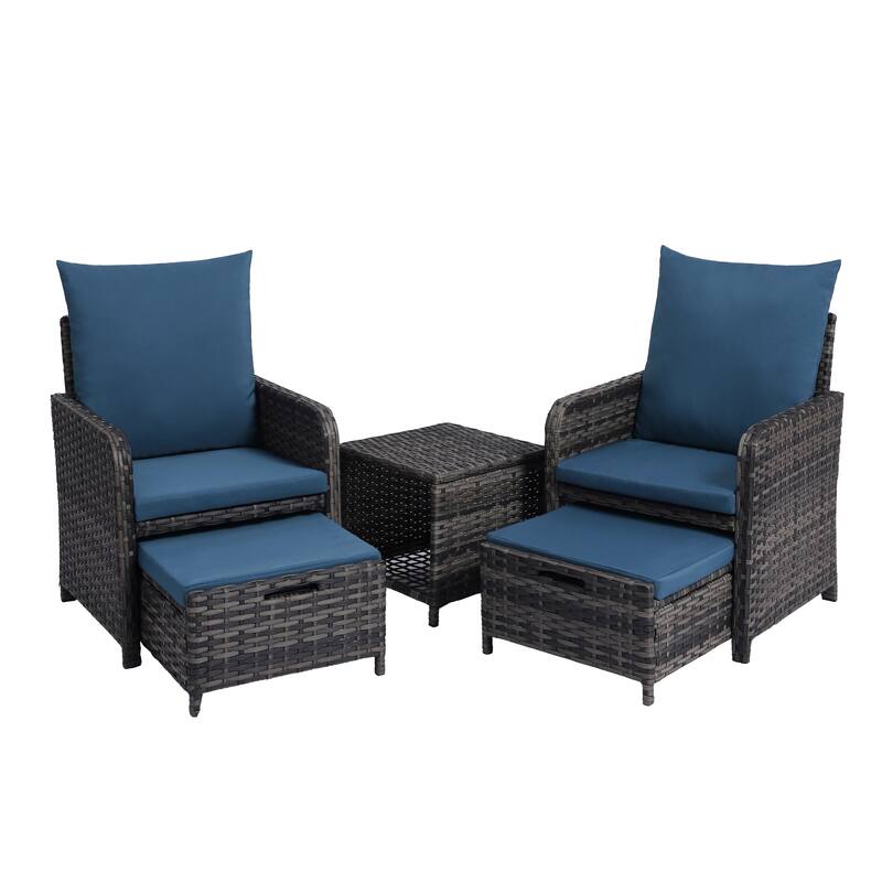 5-Piece PE Rattan Outdoor Patio Set with 2 Chairs, 2 Ottomans, Coffee Table