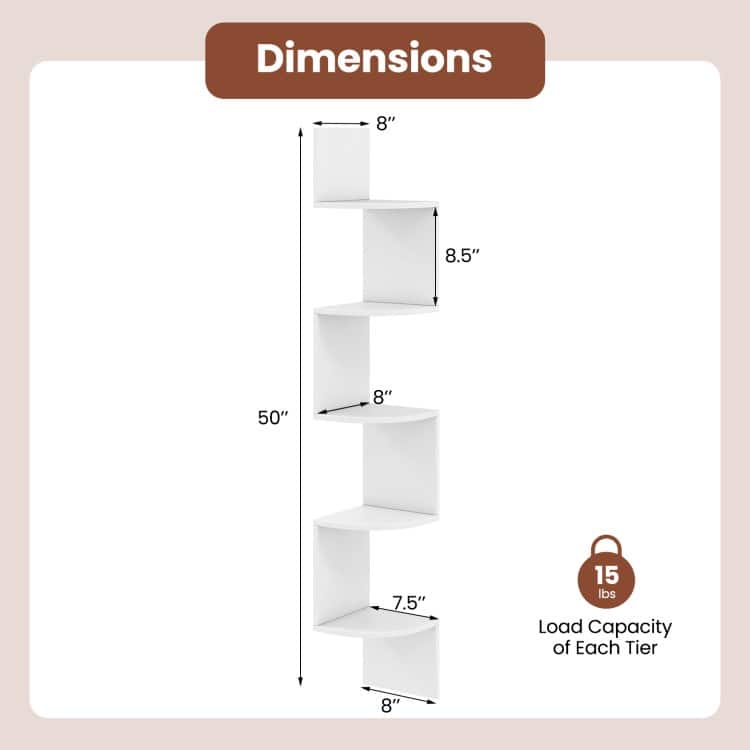 5-Tier Wall Mounted Floating Corner Shelf Engineered Wood Storage Organizer