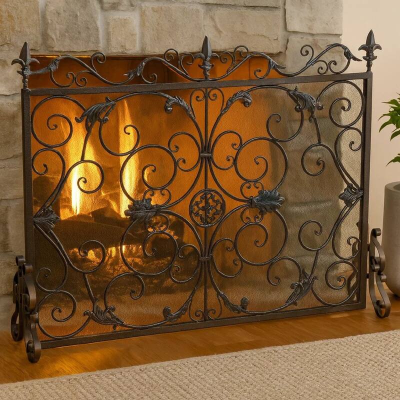 Fireplace Screen, Scrollwork Design, Iron, 45x35 Black, Gold Finish
