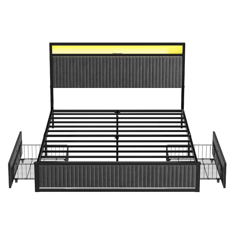 Hausource Queen Size Upholstered Bed Frame with LED Headboard, 2 Drawers, Charging Station, Beige