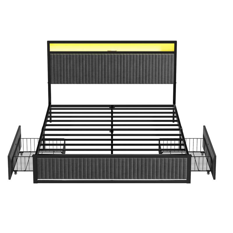 Hausource Queen Size Upholstered Bed Frame with LED Headboard, 2 Drawers, Charging Station, Grey