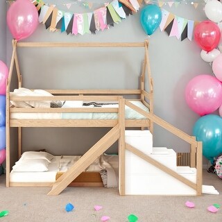Modern Twin Over Twin House Loft Or Bunk Bed With Slide And Staircase,Sturdy Frame,For Bedroom
