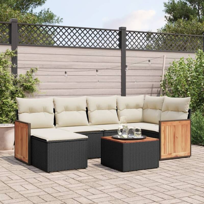 vidaXL Patio Sofa Set with Cushions Outdoor Conversation Furniture Poly Rattan - Black and Cream-With table - 90.9 x 47.6 x 33.5