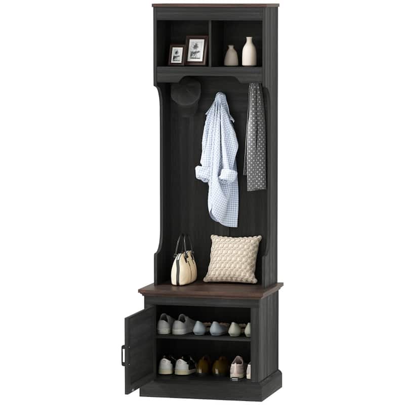 Multi-Functional Hall Tree with Bench Coat Rack Shoe Storage and Top Storage Compartments - 23.1" W x 15.7" D x 70.9" H - Black-Oak