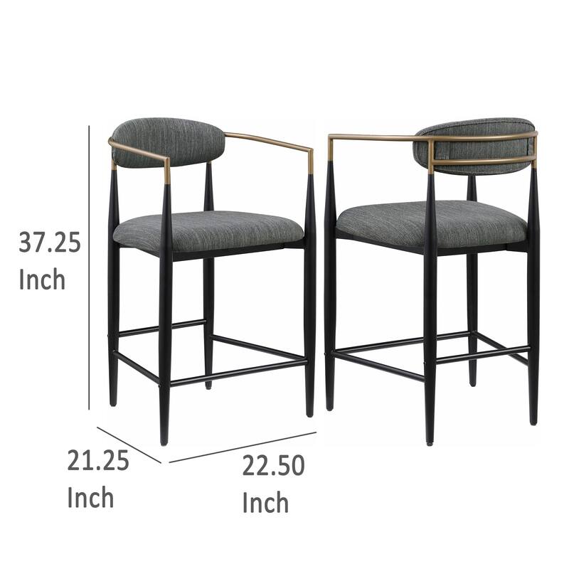 Tiara Counter Chair Set of 2, Gray Fabric, Gold, Black Metal 25 Inch