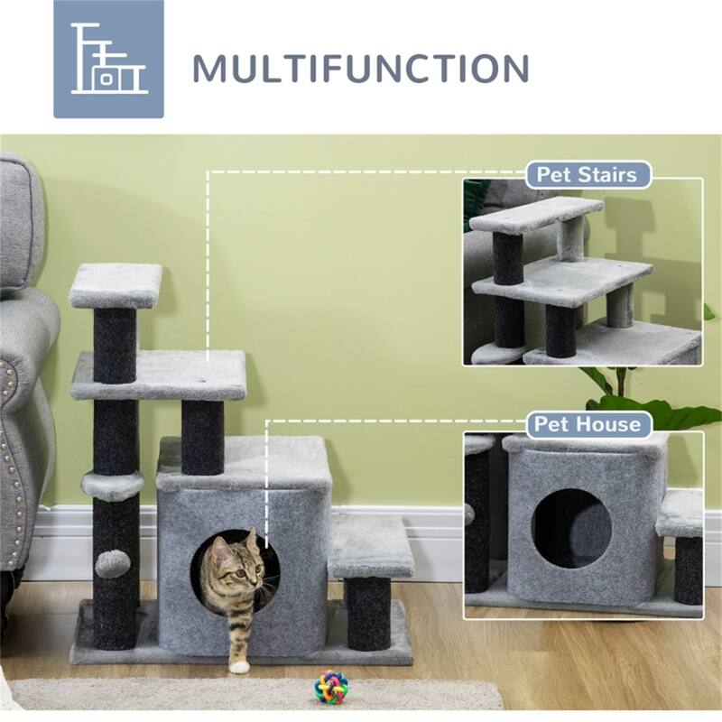 Adjustable Height Cat Tree with 3-4 Steps, Condo & Hanging Toy for Cats - 23.6" L x 15.7" W x 26" H