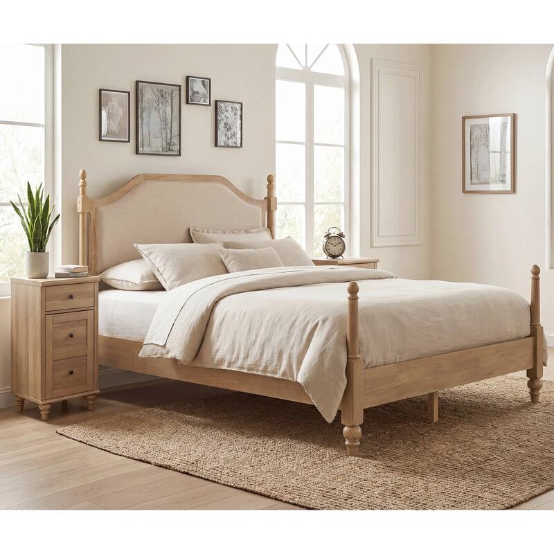 WAMPAT Wood Platform Bed Frame with Upholstered Headboard, Oak