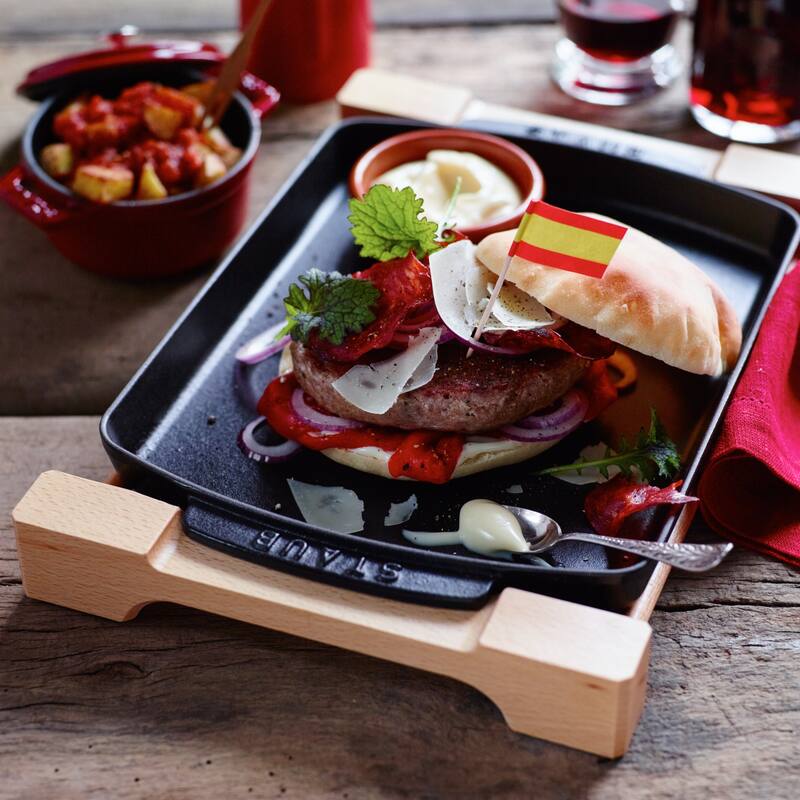 Staub Cast Iron 13 x 9-inch Rectangular Serving Dish with Wood Base - Matte Black - 15" x 9"