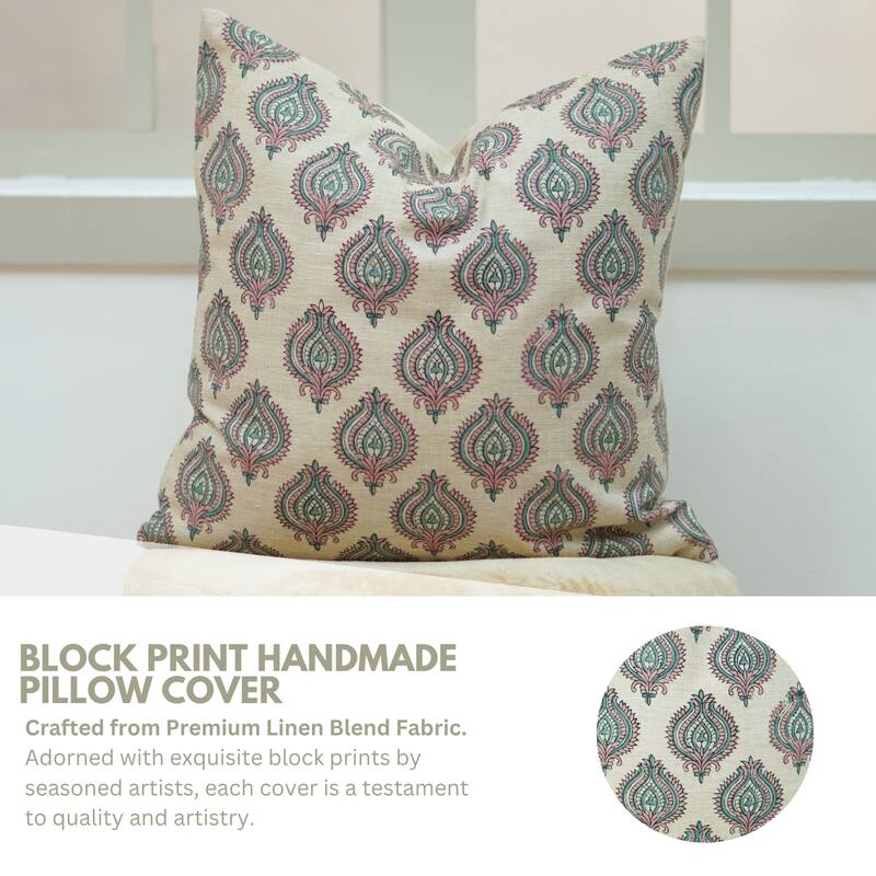 Fabdivine 26x26 Inch Handmade Floral Cushion Cover for Farmhouse Sofa Couch Chair Summer Block Print Square Pillowcase, Uday