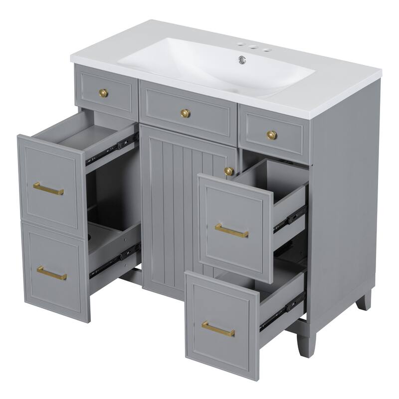 36" Black Bathroom Vanity Cabinet with Single Sink, Soft-Close Door, 3 Drawers, Waterproof Resin Sink