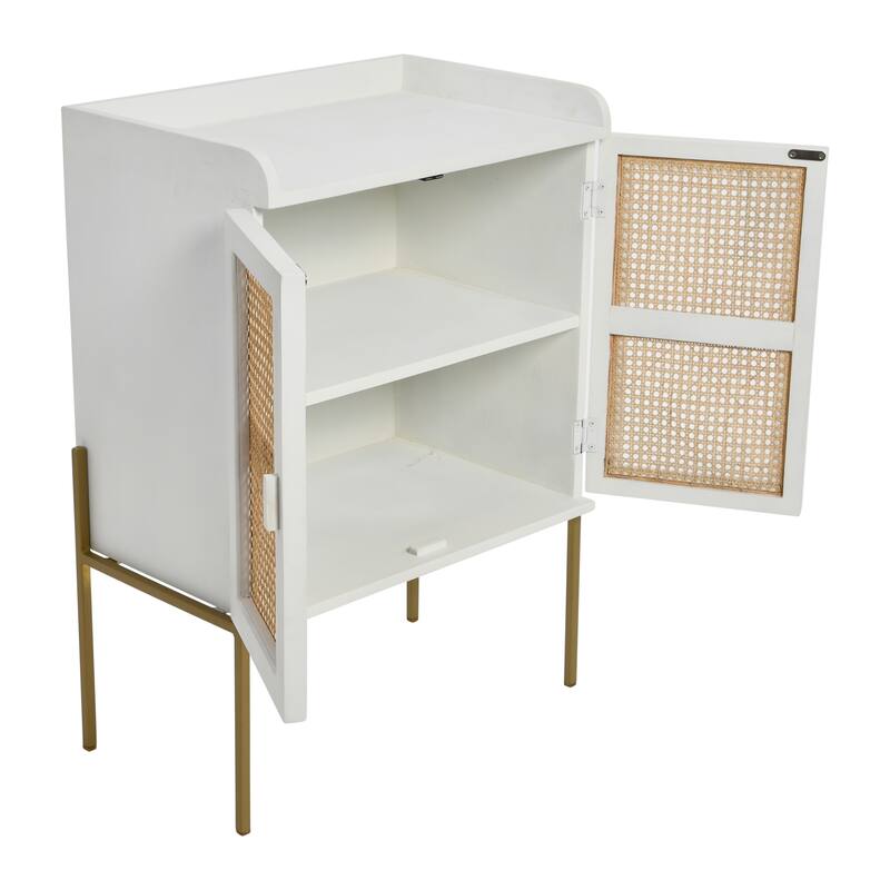 Solid Wood Bar Cabinet with Metal Legs and Woven Cane Doors