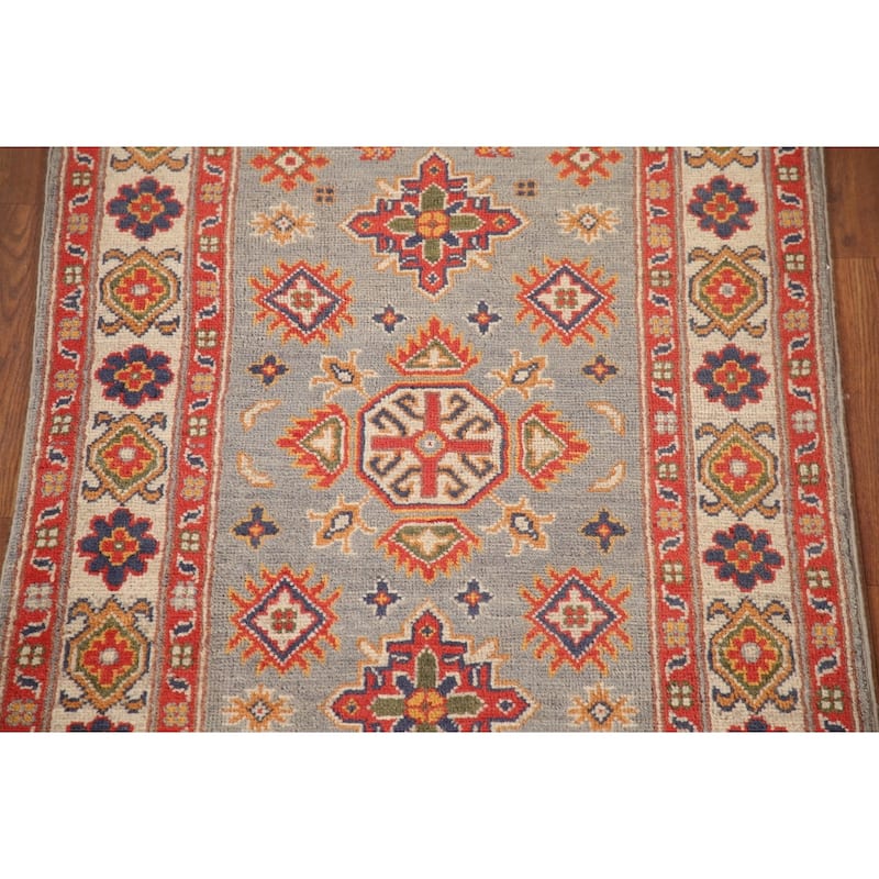 Geometric Kazak Accent Rug Hand-Knotted Grey Wool Carpet - 2'8"x 4'2"