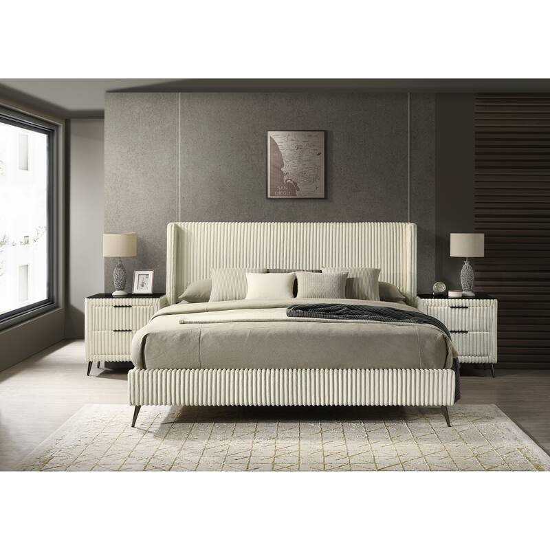 King Size Upholstered Panel Bed Set with 2 Nightstands and Wingback Headboard - Cream