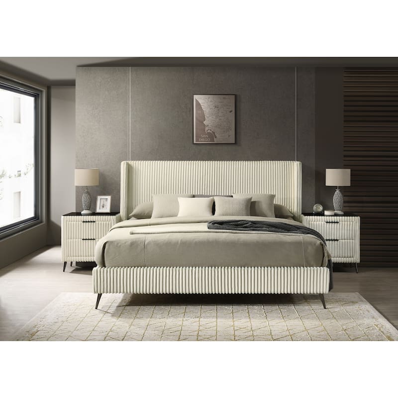 Roundhill Furniture Mavela Wide Wale Corduroy Upholstery Panel Bed with 2 Nightstands, Cream - King