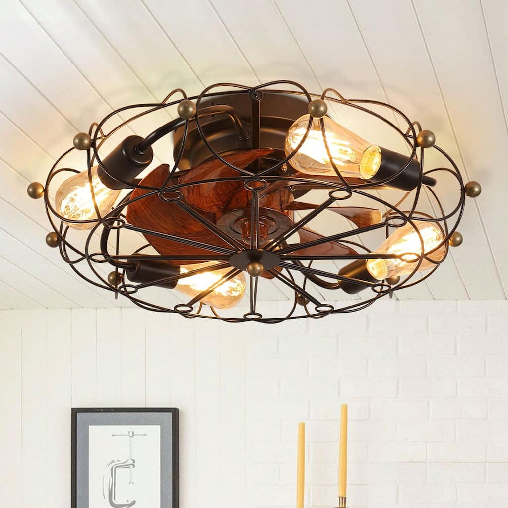 Cusp Barn 20in. Industrial Low Profile Caged Ceiling Fan with Remote Control, Embedded 6 Speeds Reversible Ceiling Fan