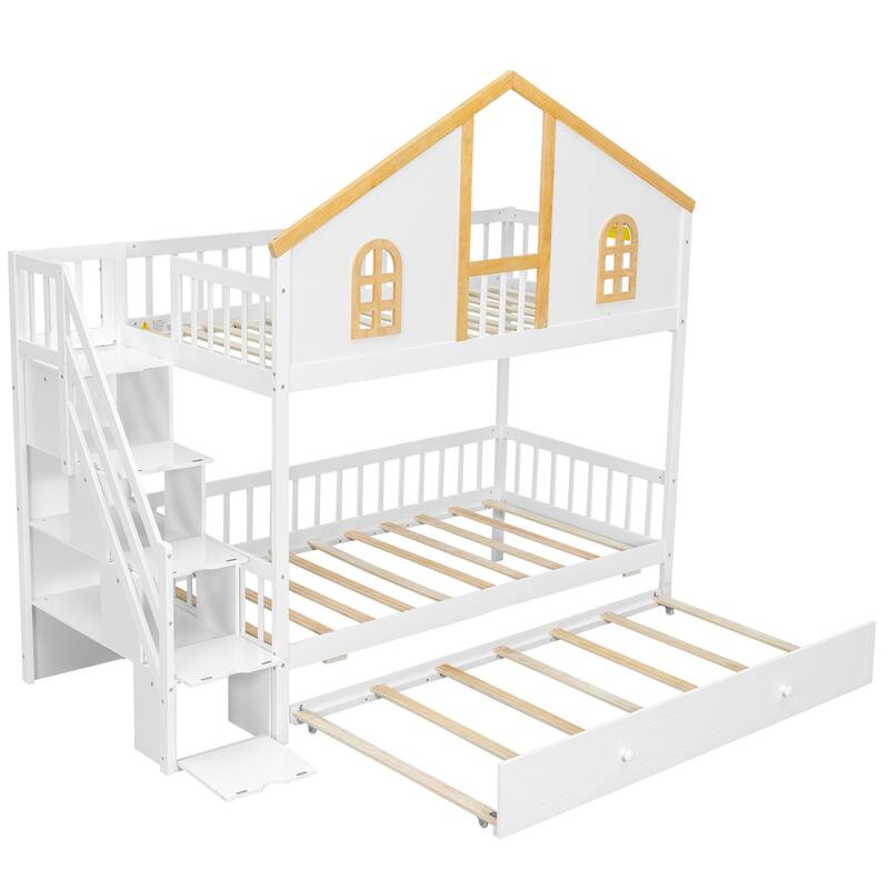 Fairytale Bunk Bed with Window Door House-shaped Roof Frame and Storage Staircase, Optional with Storage Drawers or Trundle Bed