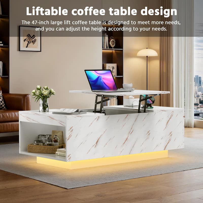 Meyreso Lift-Top Smart Marble Coffee Table with LED Light and Hidden Storage