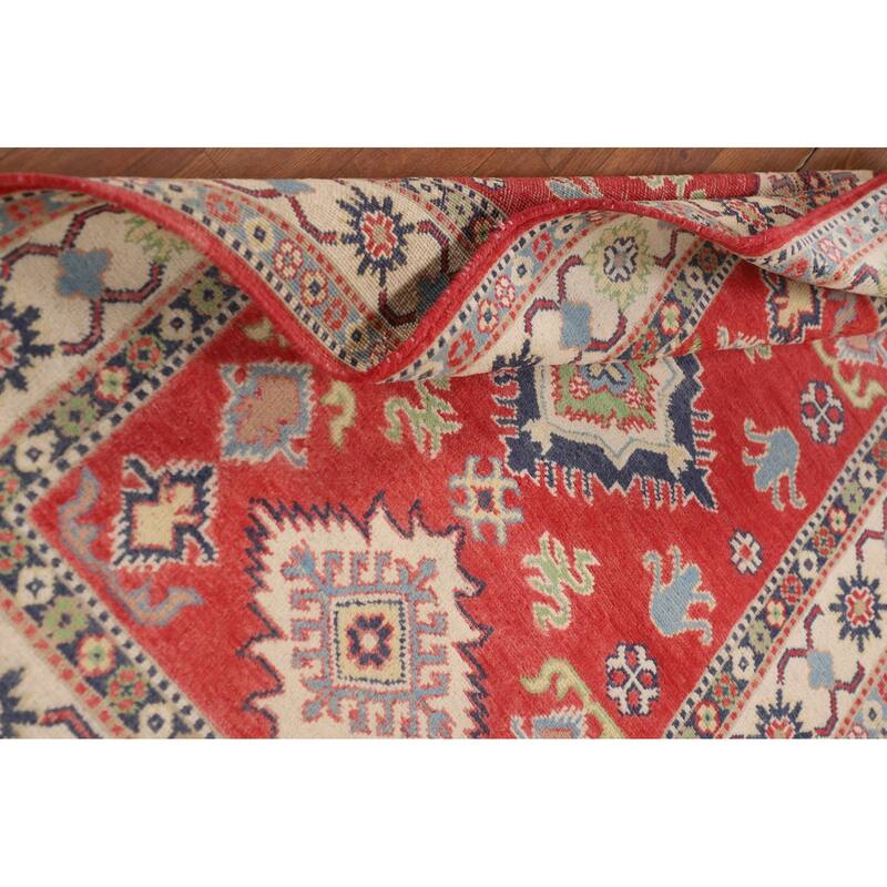 Geometric Kazak Accent Rug Handmade Red Wool Carpet - 3'4" x 5'0"