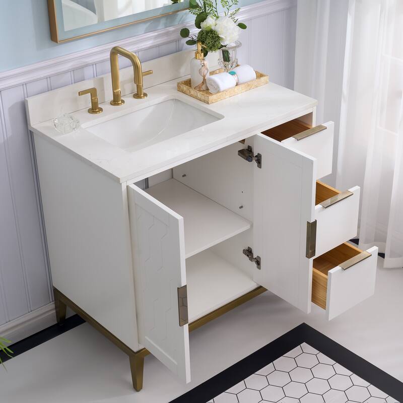 35''H Solid Wood Bath Vanity with Stain-resistant Carrera White Quartz Top and Sink