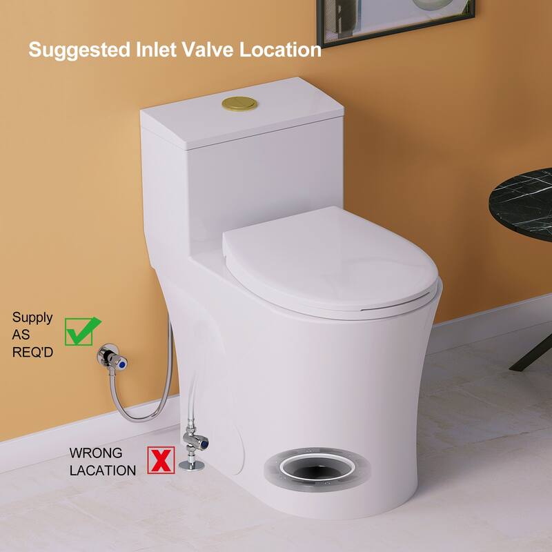 HOROW One-Piece 0.8/1.28 GPF Dual Flush Elongated Toilet in White Seat Included and Brushed Gold Button - 12'' rough in