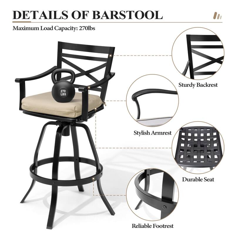 3/5-Piece Outdoor Swivel Aluminum Bar Stools with Sunbrella Cushion and Table Set