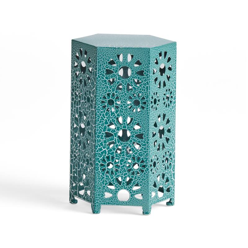 Liana Outdoor Side End Table, Flower Cutout, 12 Inch Top, Teal Blue