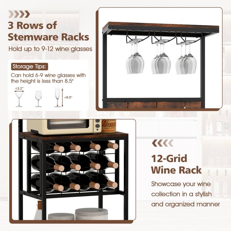 Rustic Brown Engineered Wood Wine Rack with Metal Frame and Stemware Storage - 21.5" L x 14.5" W x 61.5" H