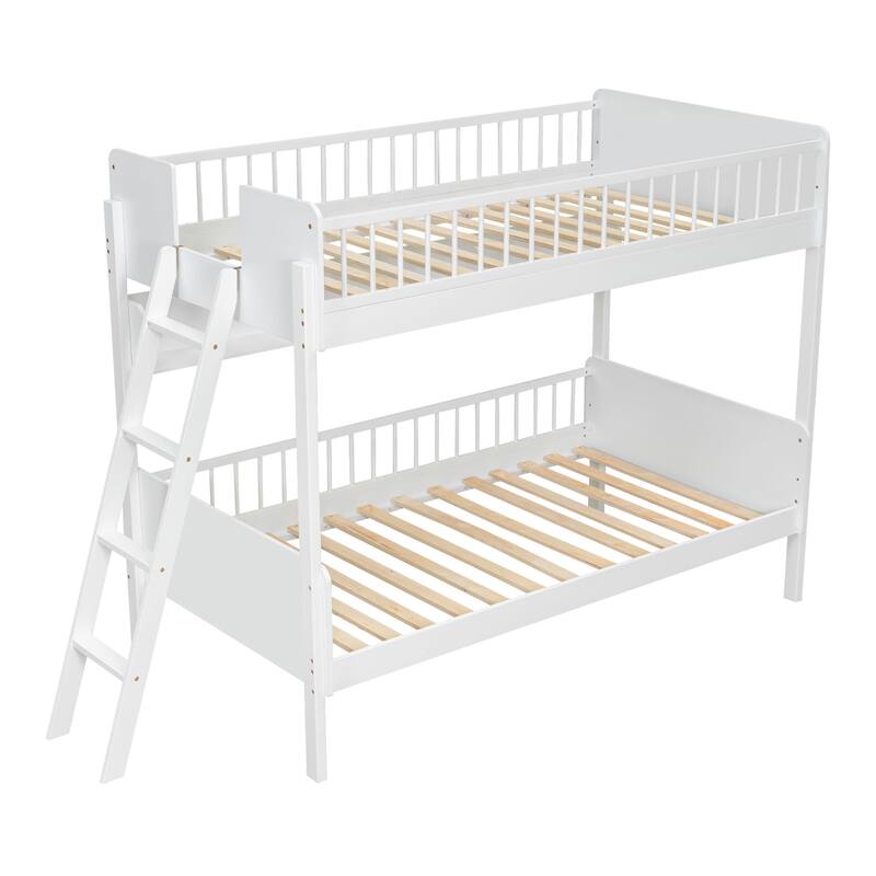 Twin Size Wooden Bunk Bed with 3 Storage Shelves, Ladder Can be Changed Left or Right