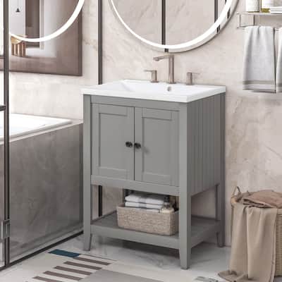 Nestfair Modern Sleek Bathroom Vanity Elegant Ceramic Sink with Solid Wood Frame Shelf