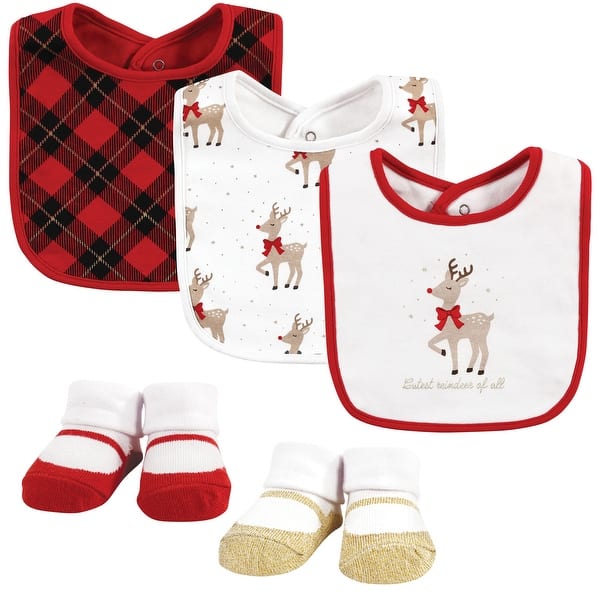 slide 1 of 1, Hudson Baby Infant Girls Cotton Bib and Sock Set, Fancy Rudolph, One Size - Fancy Rudolph - One Size One Size - Fancy Rudolph