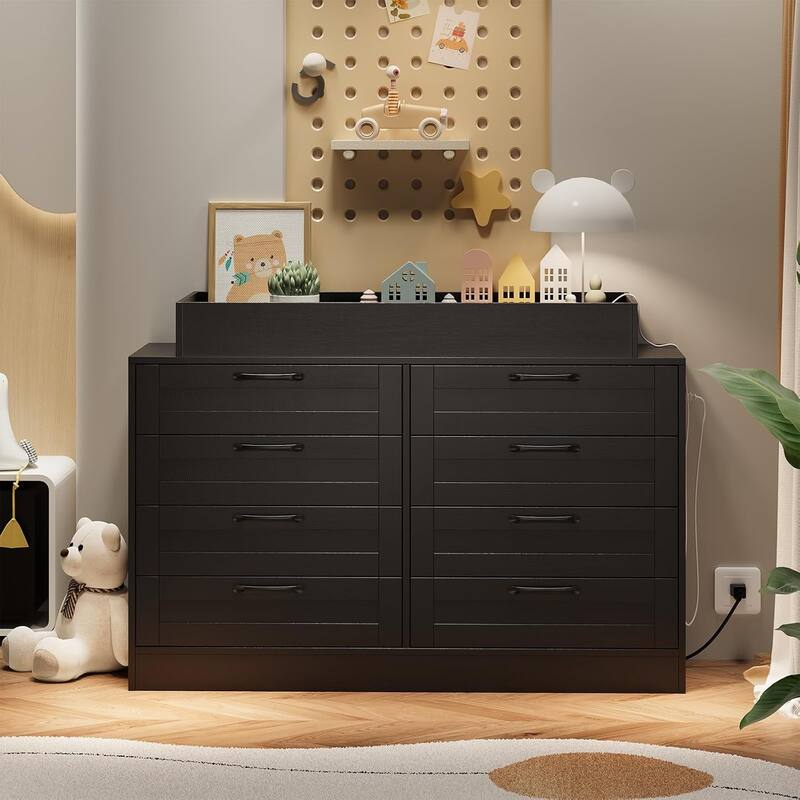 Baby Changing Dresser with 8 Drawers,Wooden Nursery Dresser with Safety Rail & Open Shelf