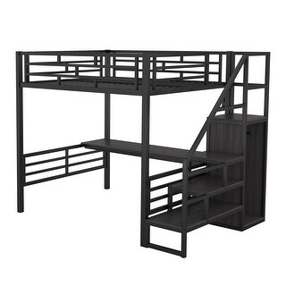Full Size Metal Loft Bed with Desk, Storage Staircase and Small Wardrobe