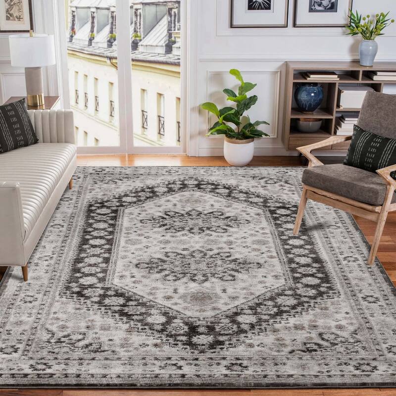 Superior Layland Classic Vintage Medallion Indoor Runner or Area Rug - 7' 5" X 9' 5" - Charcoal