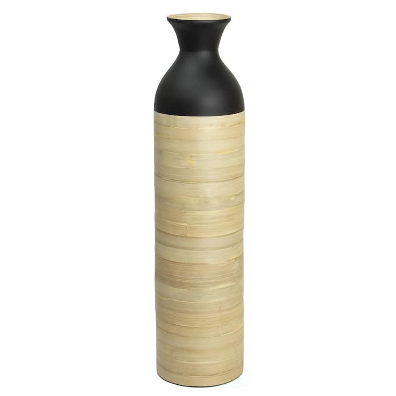 Elegant Black or White Cylinder Shaped Tall Spun Bamboo Floor Vases, Natural Bamboo Finish Heights of 31 and 23.5 Inches - Large Black