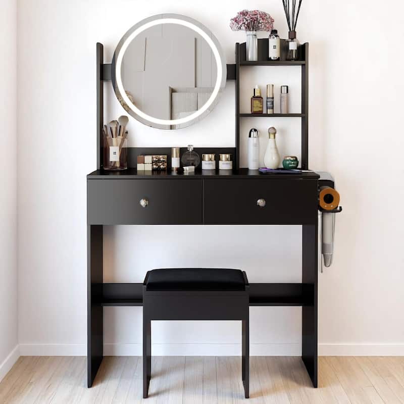 Modern Vanity Set with Touch LED Mirror, Built-in 2 AC Outlets, USB & Type-C Charging, Stool Included, Makeup Storage Desk - Black