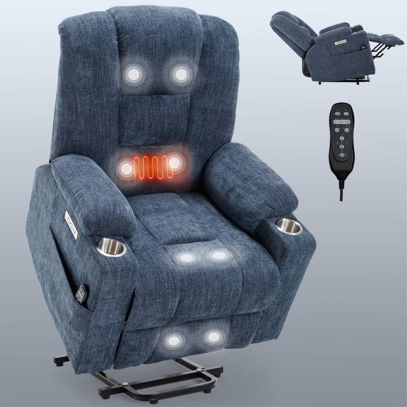 Large Power Lift Recliner with Massage & Heat - Heavy Duty Wide Recliner Chair for Elderly, USB/Type-C Charging, Cup Holders