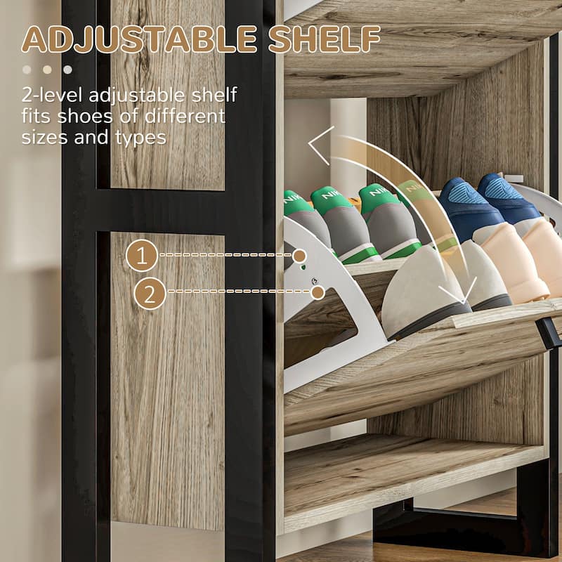 Walnut and Black Shoe Cabinet with 3 Flip Down Drawers Adjustable Shelves Anti Tipping Space Saving Storage Organizer