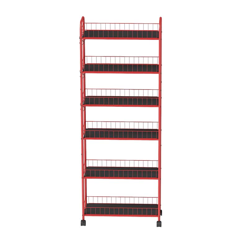 Red 6 Tier Slim Rolling Storage Cart, Mobile Shelving Unit with Wheels, Metal Wire Storage Shelving Rack with Baskets