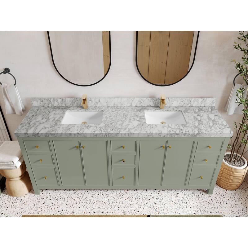 Willow Collections 84 in. W x 22 in. D Chicago Double Bowl Sink Bathroom Vanity with Countertop - 2”Carrara Marble - Evergreen