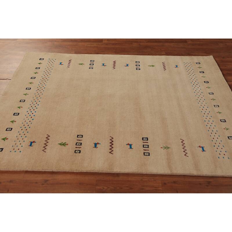Tribal Gabbeh Oriental Area Rug Hand-Knotted Yellow Wool Carpet - 4'9" x 6'6"