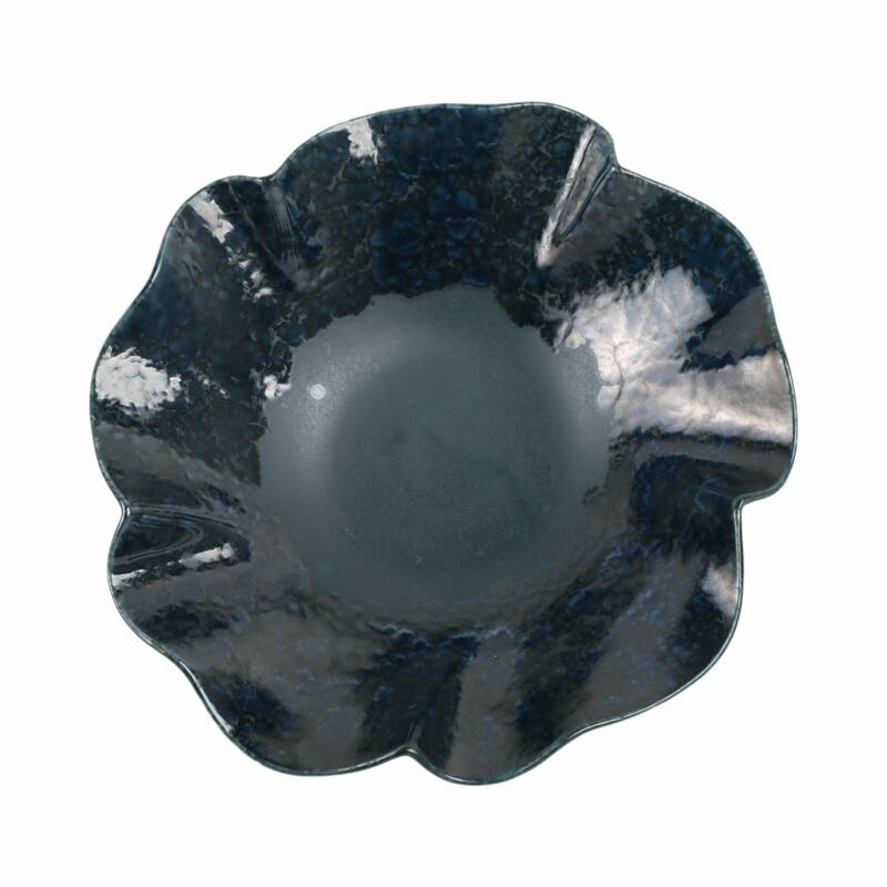 Decorative Round Wavy Edge Glazed Pottery Bowl - 16", Blue - 15.5"