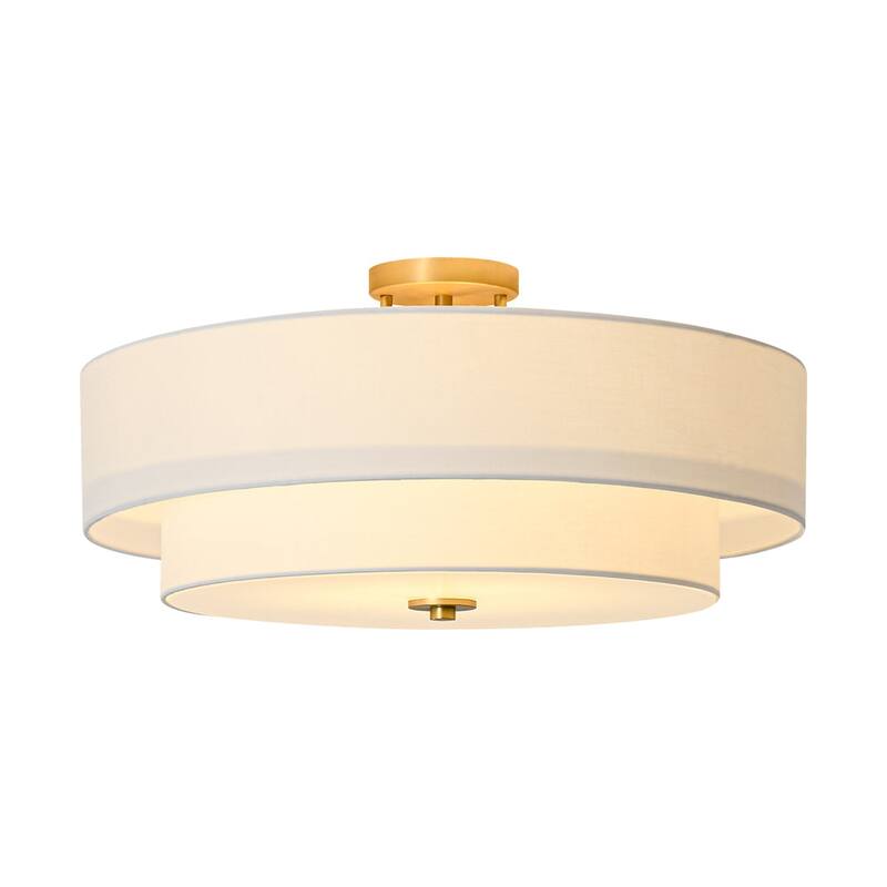 French Country Brass Round White Linen Drum Ceiling Light