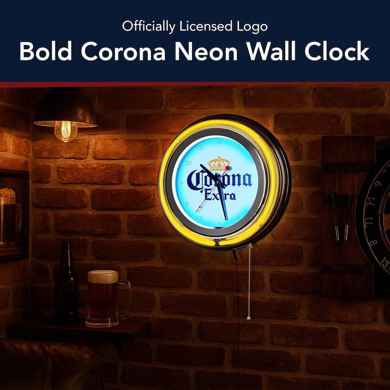 Corona Retro Round Neon Wall Analog Clock with Pull Chain - 14.5"